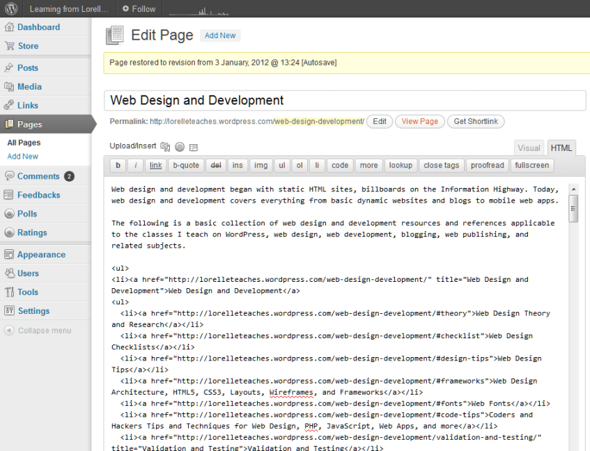 WordPress HTML Editor example of a Page