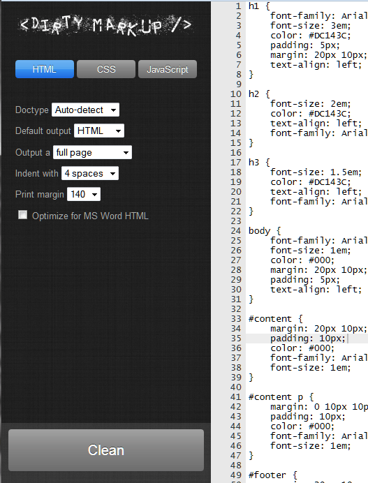Dirty Markup interface for cleaning html, css, and javascript