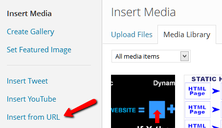 Screenshot of WordPress Insert Media option to insert URL from the web to link to an image or video off the site.