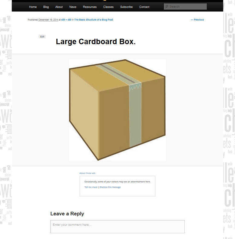 Example of an image in an Attachment Page in WordPress with post title, image, design, and comments around it.