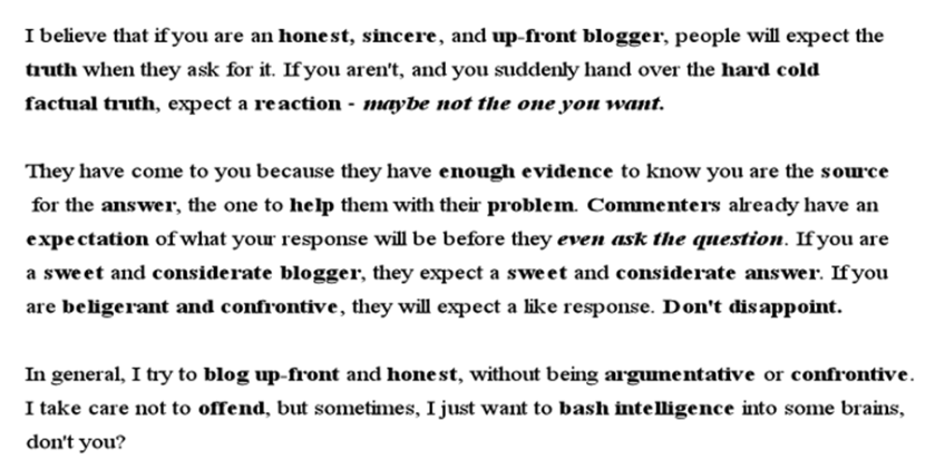 Example of a blog post with improper use of bold words.