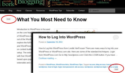 Example of two places on a WordPress Theme where an Edit Link is commonly displayed.