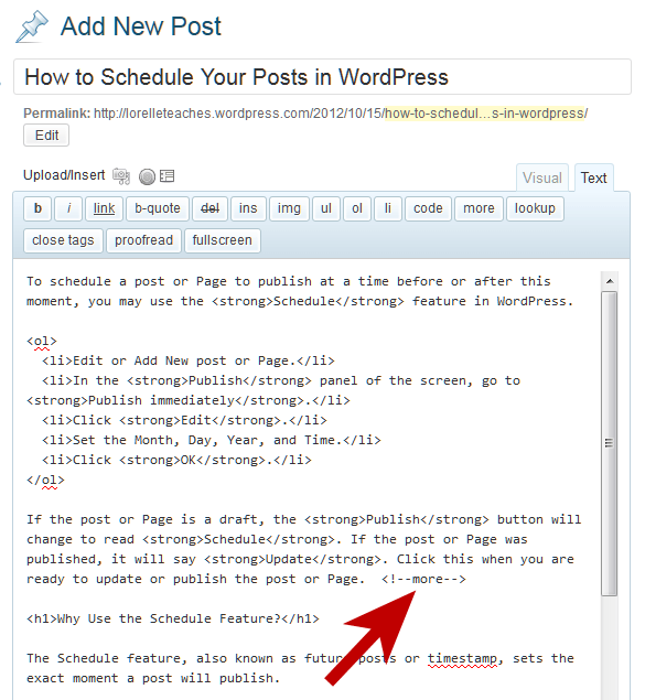 Example of the more or excerpt feature on the WordPress Text or HTML editor.