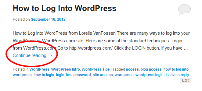 Example of a WordPress Post Excerpt shown on multiple post pageviews with the continue reading or more link highlighted.