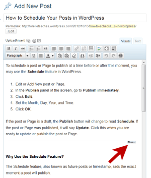 Example of the More and Excerpt Feature with the WordPress Visual Editor.