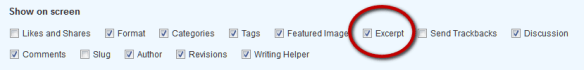 WordPress Screen Options set to display excerpt box on post edit panel.