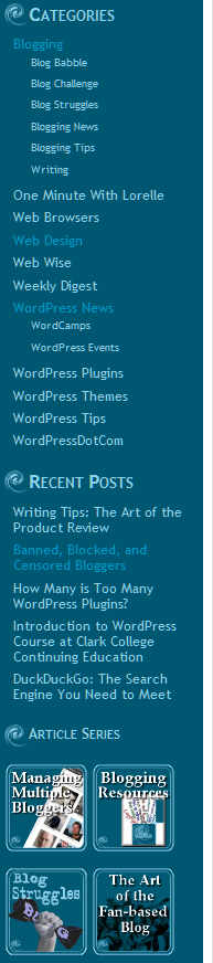 Example of a sidebar with WordPress Widgets.