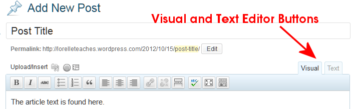 The WordPress Editors - Visual and Text or HTML Editor buttons.
