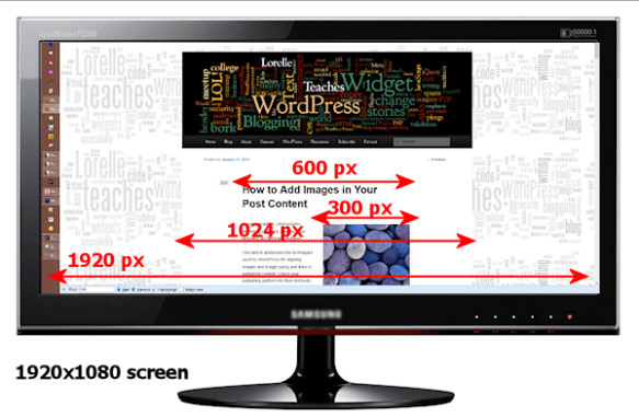 Example comparing the width of the screen compared to the web page, content area, and image width - by Lorelle VanFossen.