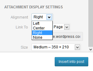 WordPress Media Uploader example of choosing the image alignment.