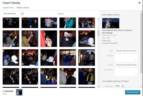 WordPress Media Uploader featuring multiple images - screencap by Lorelle VanFossen.