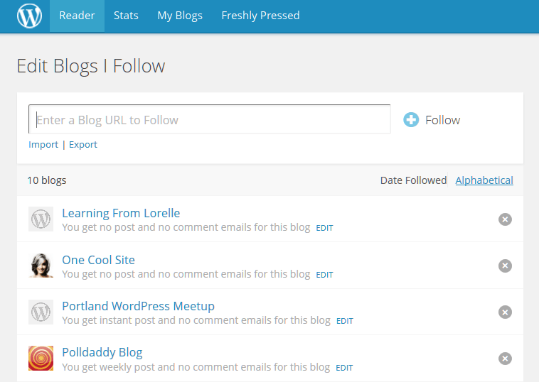 Example of WordPress.com Reader - Blogs I Follow and how to edit them.