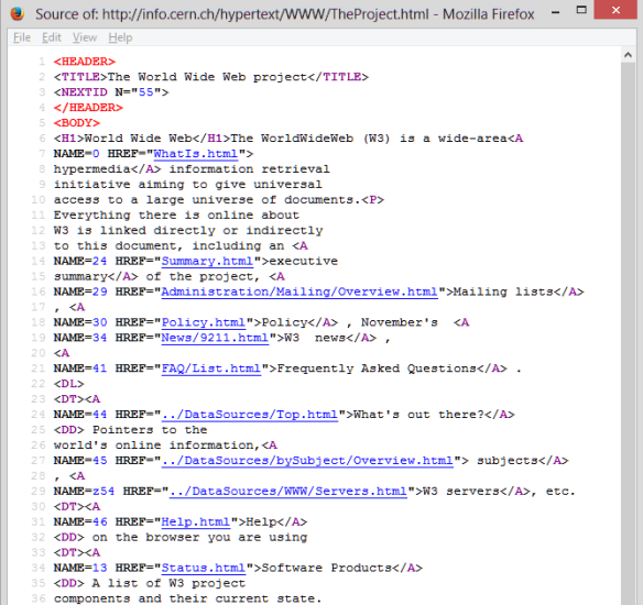 First Website on the Web created by Tim Berners-Lee with CERN - code of the front page.