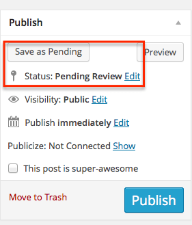 An image the shows where to set a post as 'Pending'