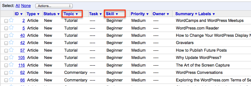 Image showing the location of 'Topic' and 'Skill' headers