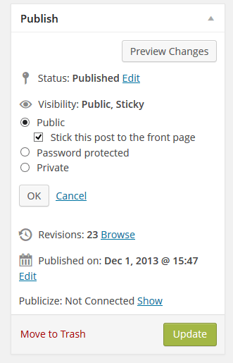 WordPress Administration Screen for Editing a Post > The Publish Module.